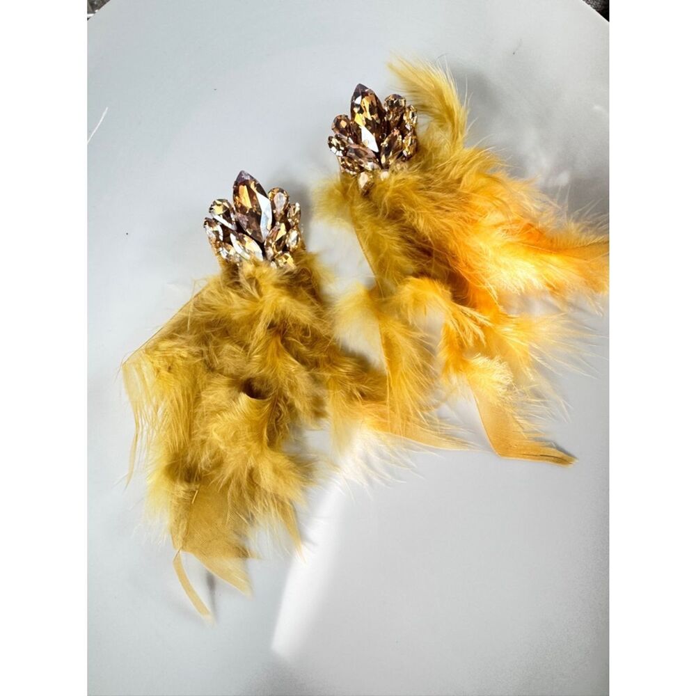 Free People Gold Crystal & Golden Feather Statement Earrings